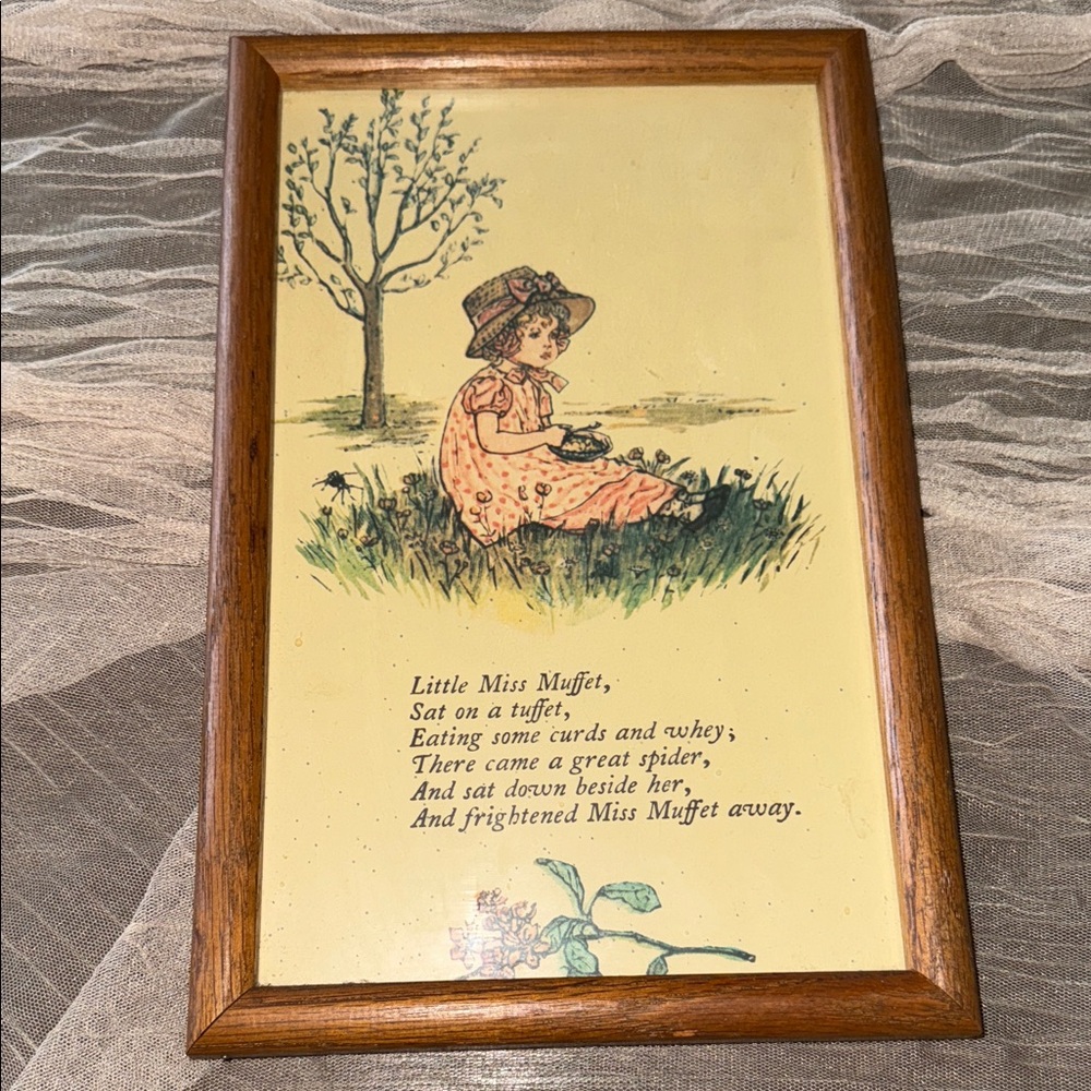 Framed Little Miss Muffet" nursery rhyme illustration